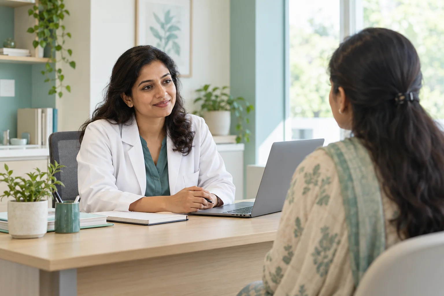 Illustrative clinic scene: a doctor listening attentively to a patient
